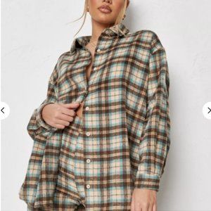 petite brown extreme oversized plaid shirt